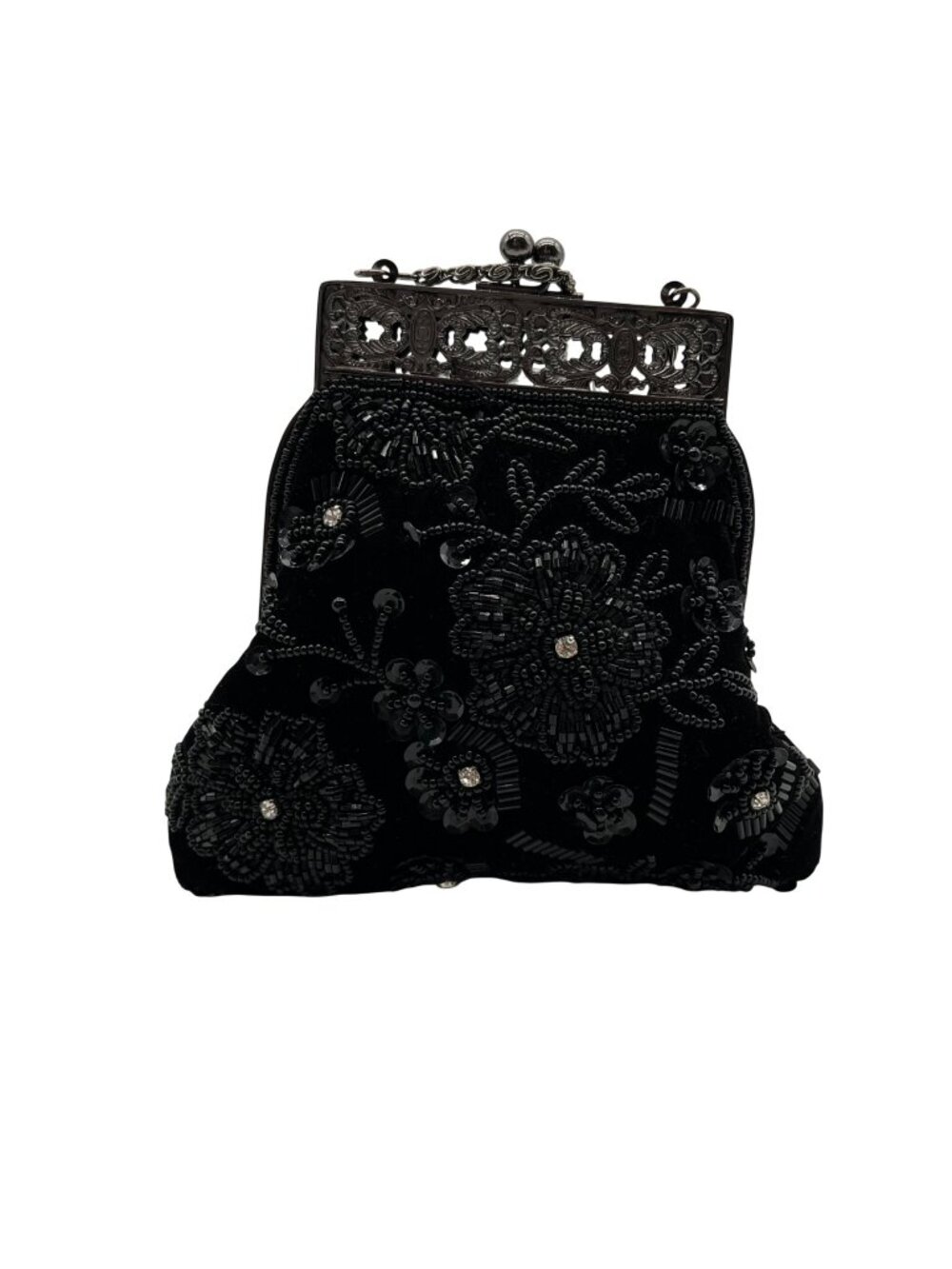 Black Fabric Beaded & Sequined Floral Embroidery Bag
